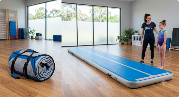 Inflatable gymnastics air track rolled in a carry bag next to the same mat inflated on a gym floor