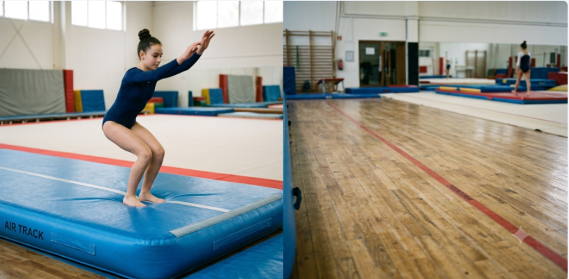 Gymnast landing safely on cushioned air track mat versus hard floor