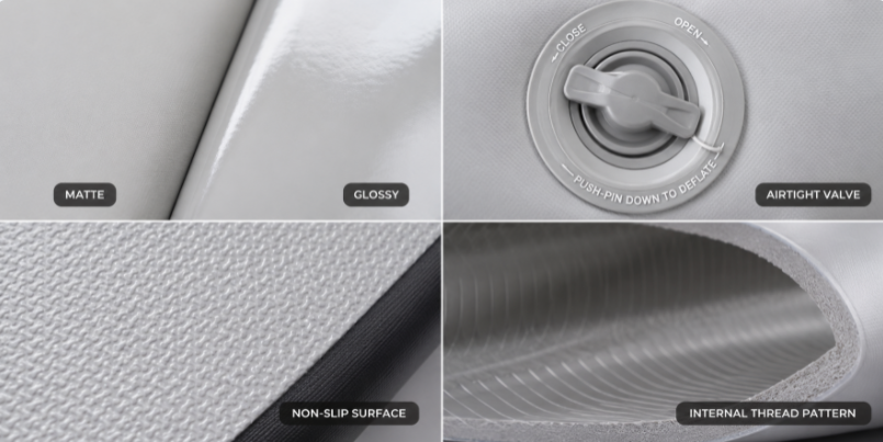 Close-up of air track mat materials, valve, and non-slip surface