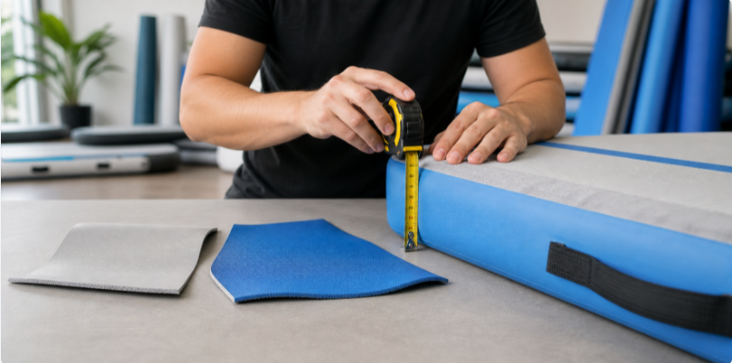 Buyer comparing mat thickness and fabric samples