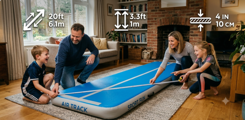 Choosing the right air track mat size with a measuring tape