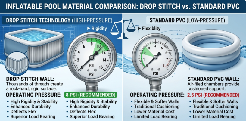 Pressure comparison between drop stitch and PVC inflatable pools