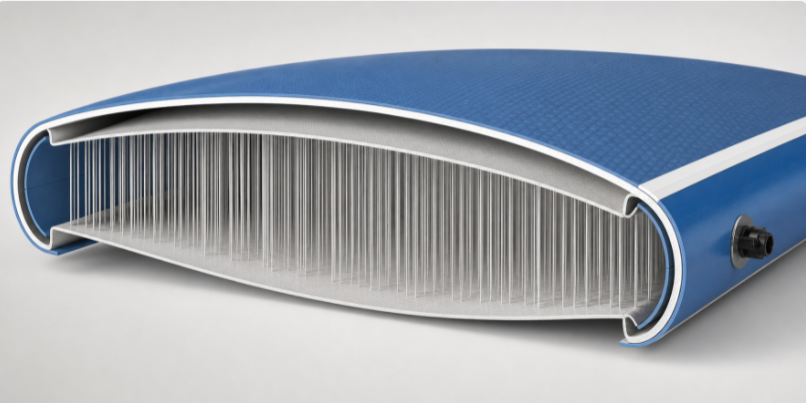 Cross section of drop stitch double wall fabric with internal threads