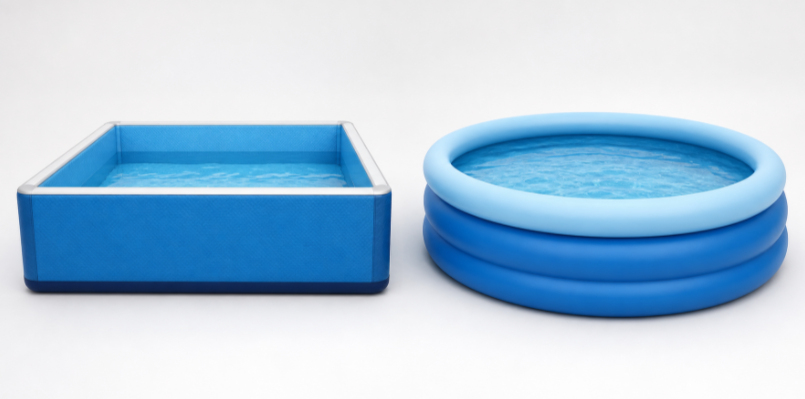 Drop stitch pool with flat walls next to a rounded traditional PVC inflatable pool