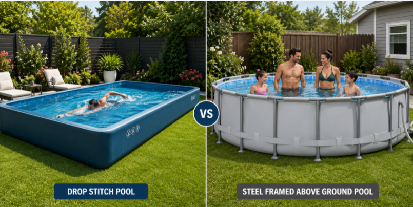 Drop stitch pool versus steel framed above ground pool in a backyard