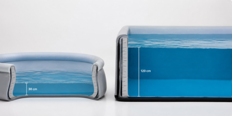 Cross-section showing 30 cm regular pool versus 120 cm drop stitch pool depth