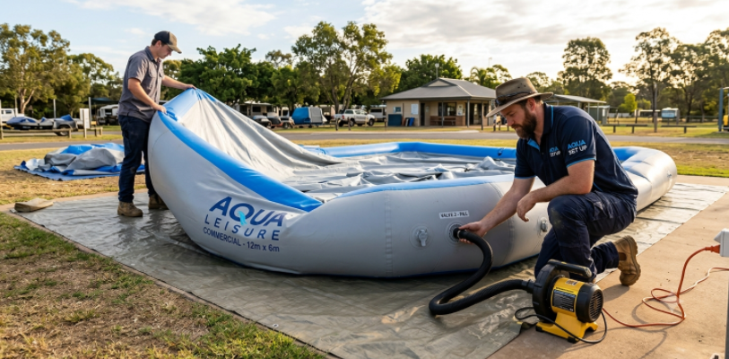 Setting up a commercial inflatable pool with an air pump