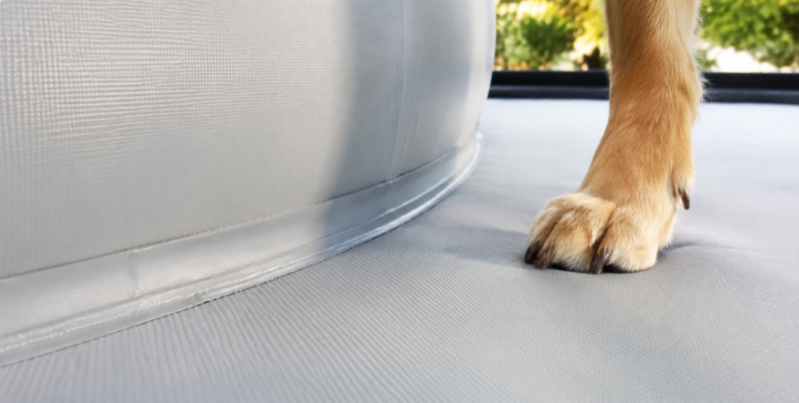 Close-up of heat-welded seam and reinforced floor on a drop stitch pool