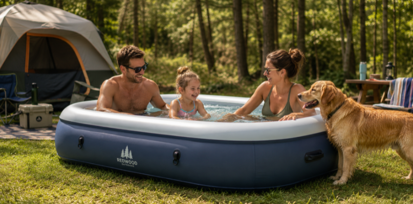 family and dog using a drop stitch pool at an outdoor campsite