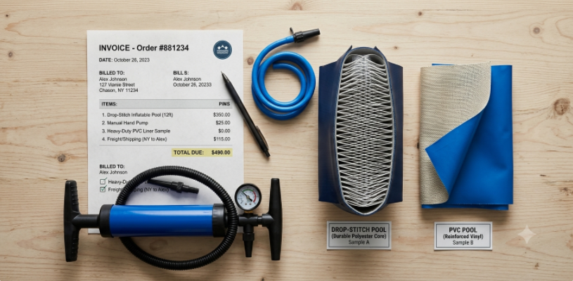 Total cost items for buying an inflatable pool including pump and freight