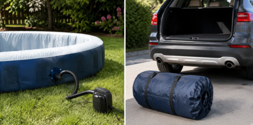 Drop stitch pool inflated with an electric pump and rolled into a storage bag