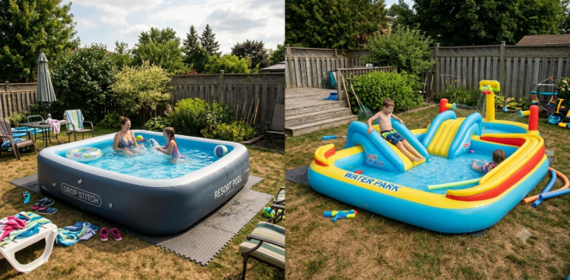 Commercial inflatable pools in use at a resort and a water park