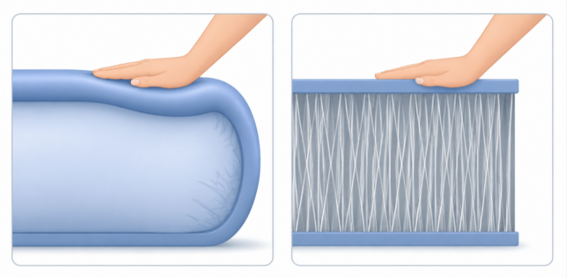 comparison diagram of an air filled pool wall cushion versus a drop stitch thread lattice wall