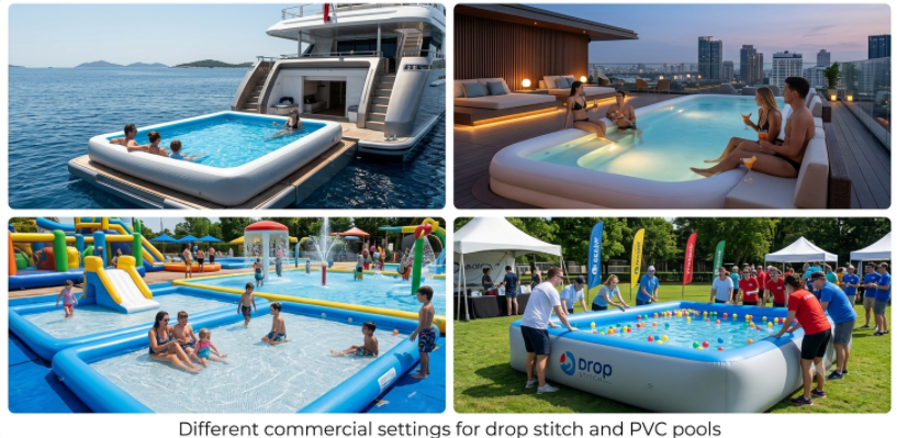 Different commercial settings for drop stitch and PVC pools