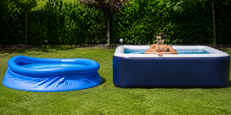 rigid drop stitch inflatable pool next to a sagging regular inflatable pool