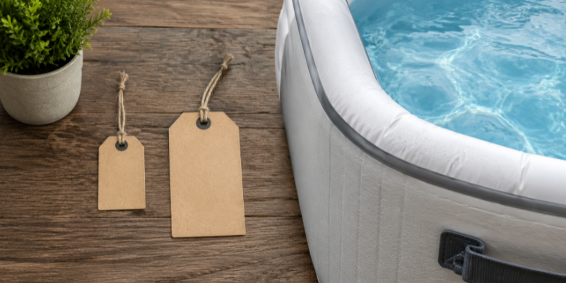 Two price tags representing budget and drop stitch inflatable pools