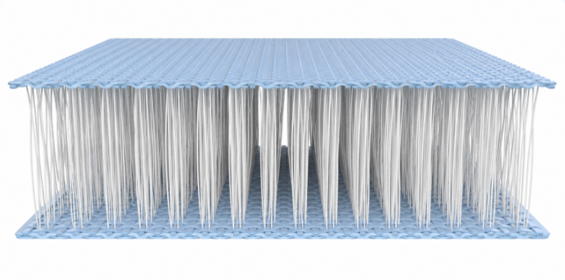 cutaway view of a drop stitch thread grid showing vertical threads connecting two PVC pool wall layers