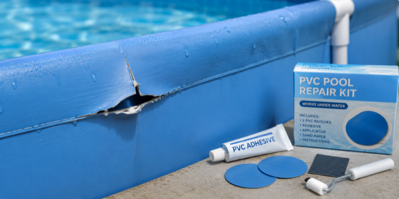 Damaged PVC pool seam and repair patch kit