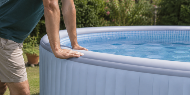 Adult leaning on the rigid wall of a drop stitch inflatable pool