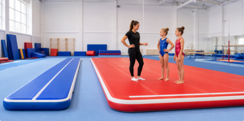 Air track and air floor inflatable mats side by side in a gym