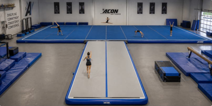 Air track connected to air floor in a T-shaped training setup