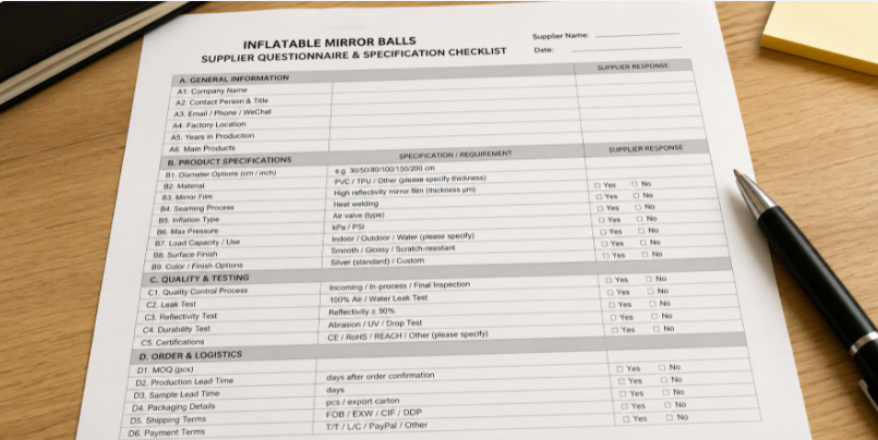 Supplier questionnaire checklist for inflatable mirror ball import