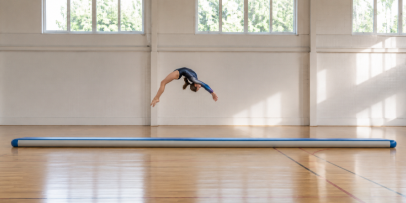 Gymnast performing a tumbling pass on a narrow air track