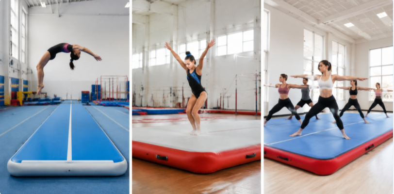 Different gymnastics disciplines using air tracks and floors