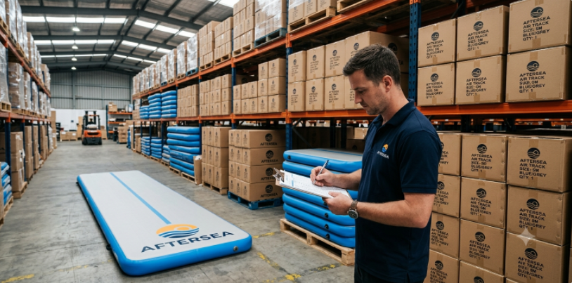 Bulk order of custom branded inflatable mats in a warehouse