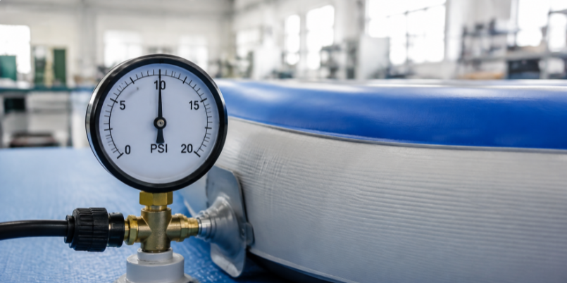 Pressure gauge showing 10 PSI on an inflated drop-stitch pool.
