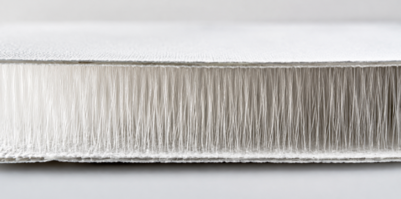 Close-up of drop-stitch polyester threads connecting two fabric layers