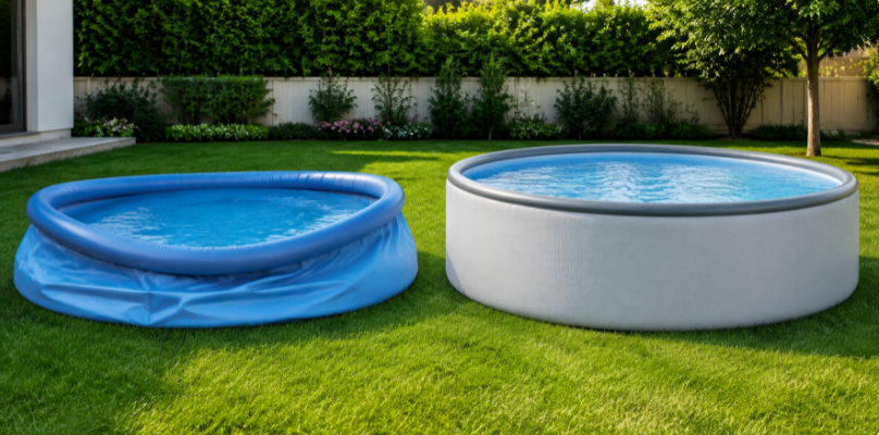 drop stitch inflatable pool standing firm next to a sagging regular inflatable pool in a backyard, bright daylight