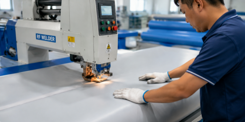 RF welding machine sealing drop-stitch pool seams in a factory