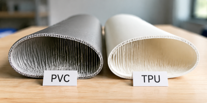 PVC and TPU drop-stitch fabric swatches compared