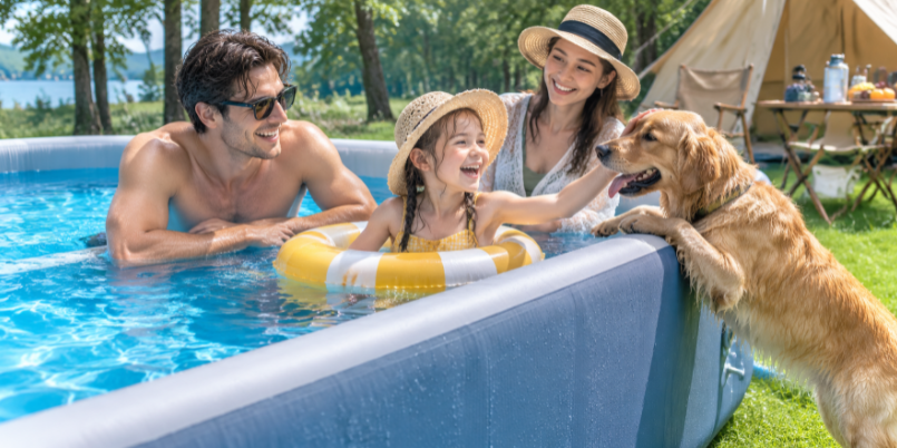 family and dog using a drop stitch pool at an outdoor campsite