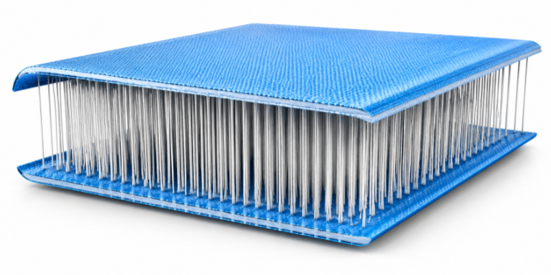 cutaway view of a drop stitch thread grid showing vertical threads connecting two PVC pool wall layers