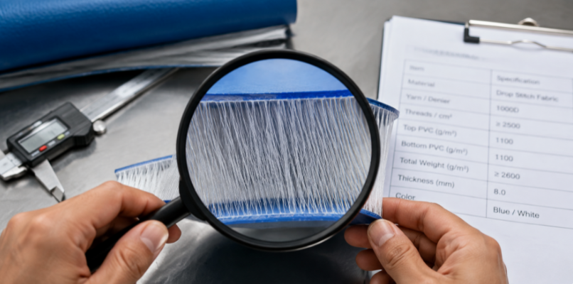 B2B buyer inspecting drop stitch fabric thread density and coating quality