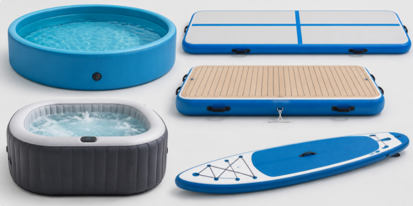 Products made from drop stitch material including pool, air track, dock, hot tub and SUP board