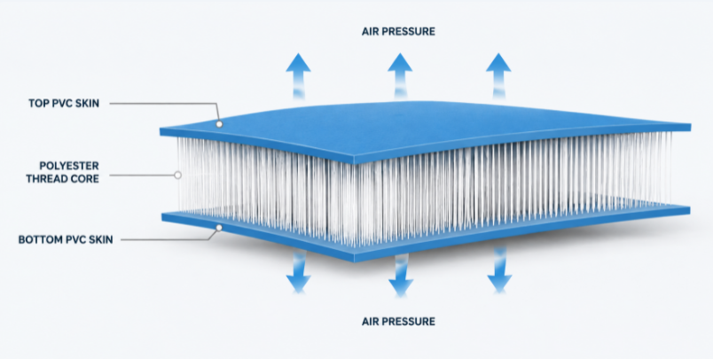 Diagram of how drop stitch material works with PVC layers and vertical thread core