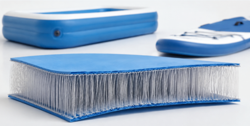 Cutaway view of drop stitch material showing vertical polyester threads between PVC layers