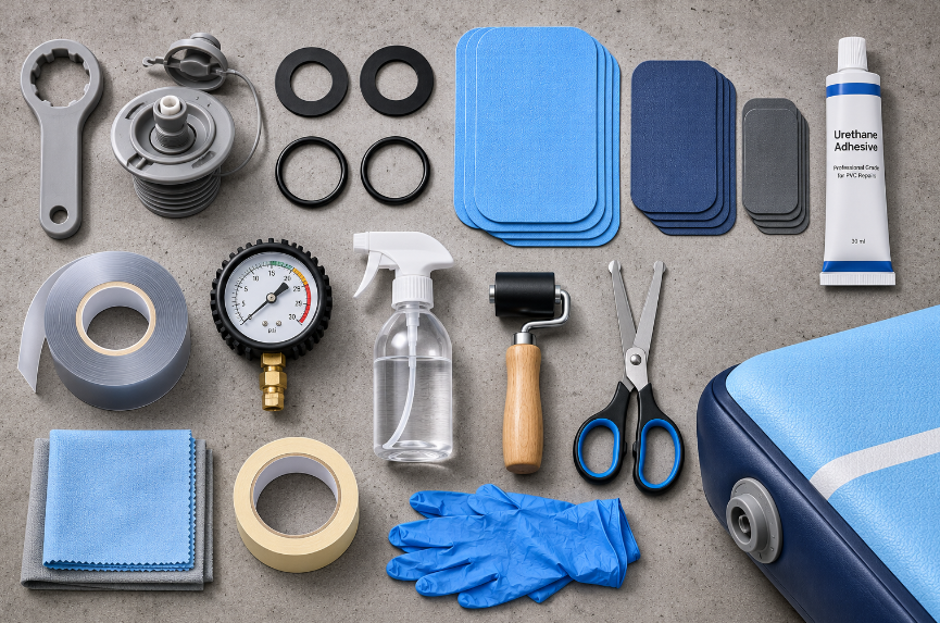 `Complete air track repair kit laid out flat: valve wrench, replacement valve and gaskets, PVC patches, adhesive, seam tape, pressure gauge, spray bottle, patch roller, cloths`