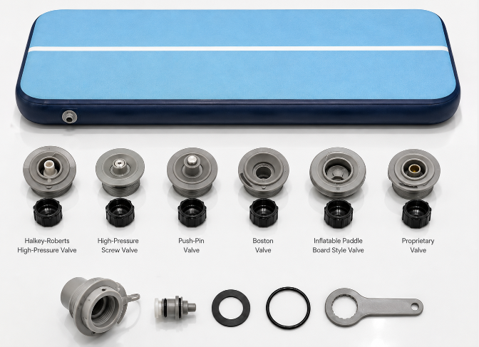 `Six common inflatable air track valve types laid out side by side, including a Halkey-Roberts style valve with its removable core and gasket`