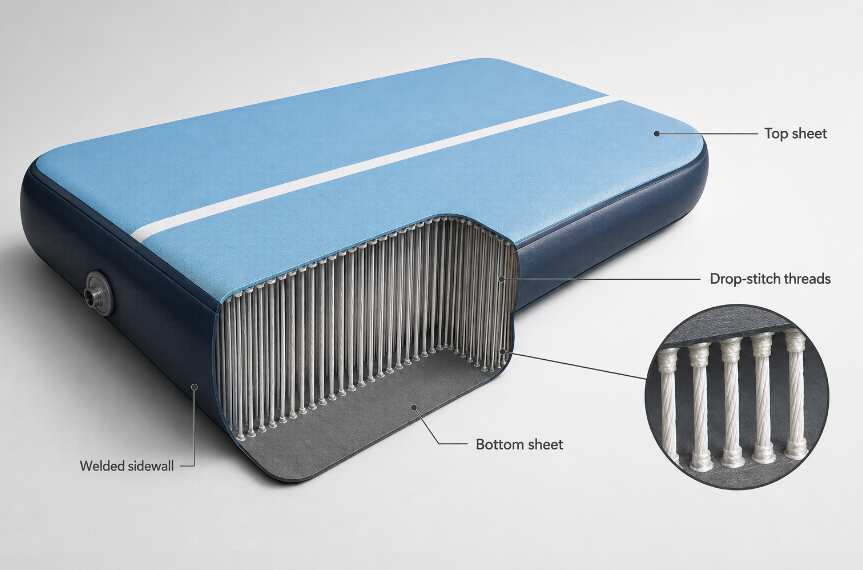 Cross-section diagram of drop-stitch construction in an inflatable air track, showing thousands of internal threads holding the top and bottom sheets apart