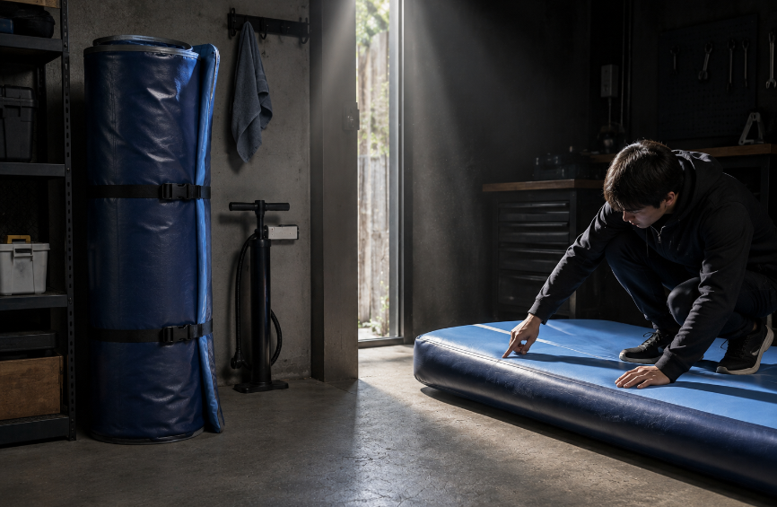 `Inflatable air track rolled and stored on a shelf in a cool shaded garage, with a person inspecting the seam before the next session`