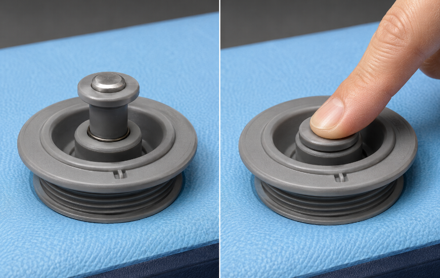 `Close-up of a push-pin air track valve showing the pin in the raised closed position versus the pressed-down open position`