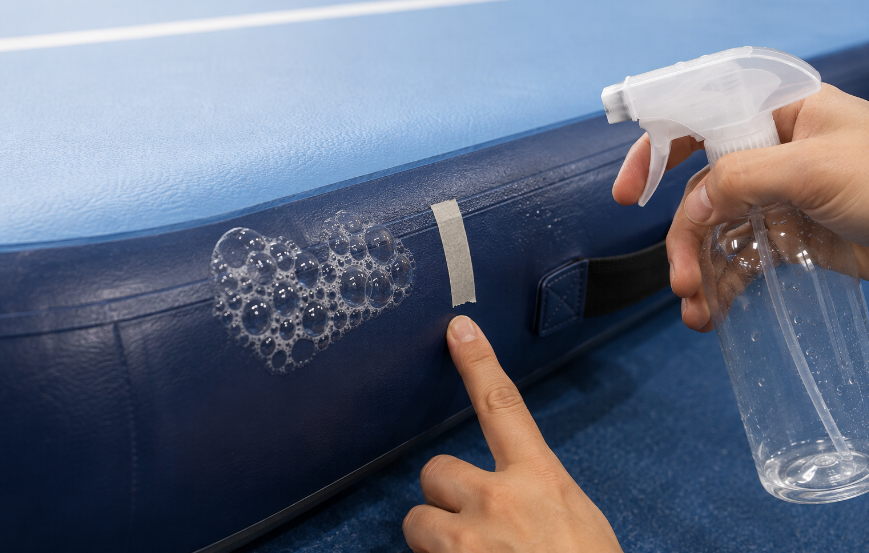 `Soapy water leak test on an inflated air track, showing a cluster of bubbles forming at one point on a seam`