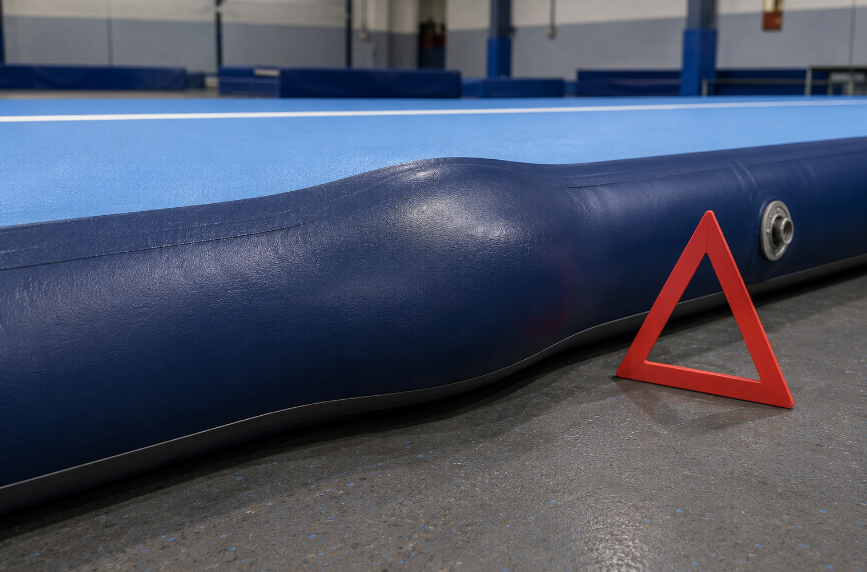 `Bulging sidewall on an inflated air track mat caused by broken internal drop-stitch fibers, indicating structural damage that a patch cannot fix`