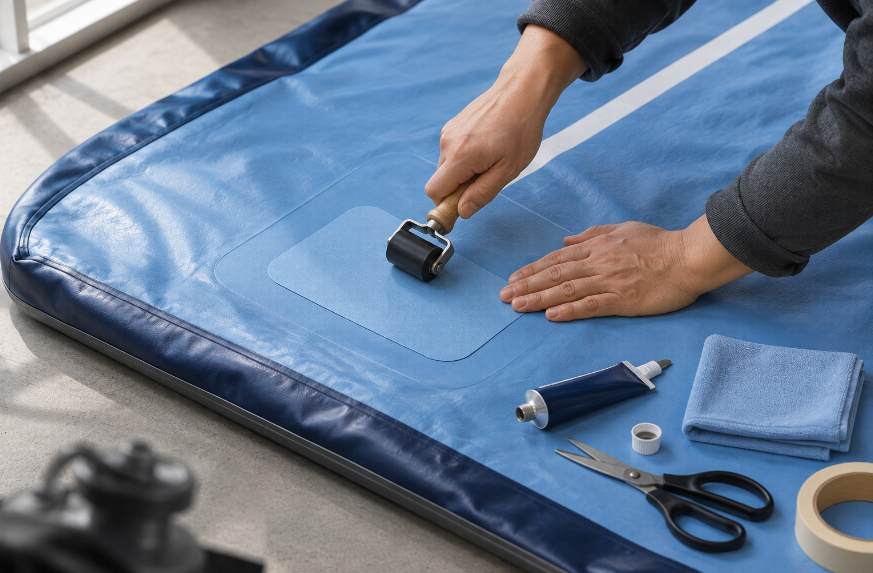 `Applying a rounded-corner repair patch to a deflated air track mat and rolling it out from the center with a patch roller`