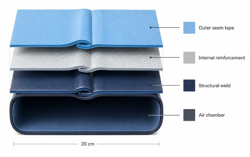 `Diagram of a three-layer air track seam: structural weld, internal reinforcement layer, and outer seam tape`