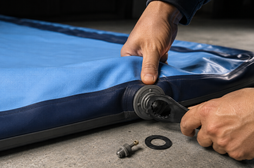 `Using a valve wrench to tighten the high-pressure valve on a deflated inflatable air track mat, with the internal valve base supported from inside`